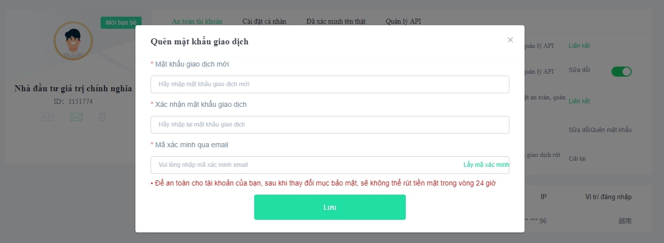 Cài đặt mật khẩu giao dịch