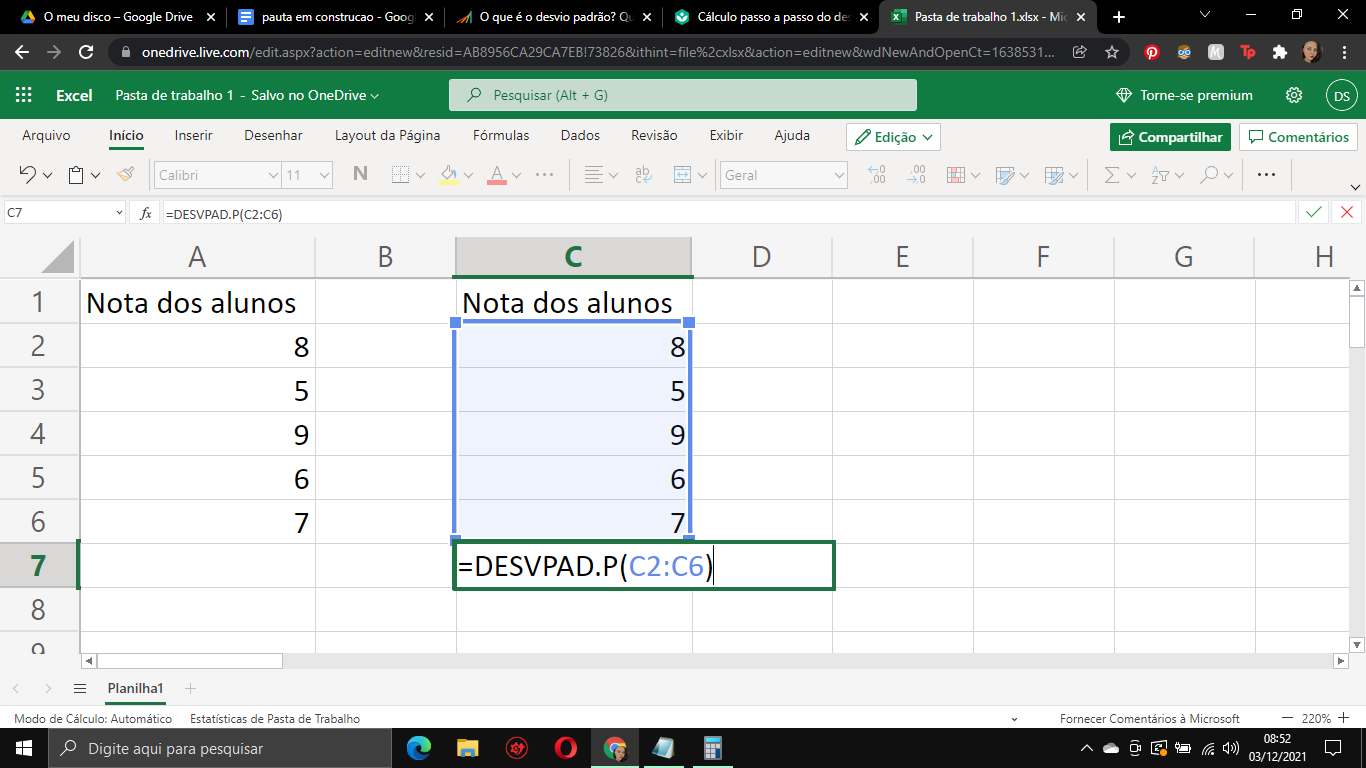 Inserindo a fórmula do desvio padrão no Excel