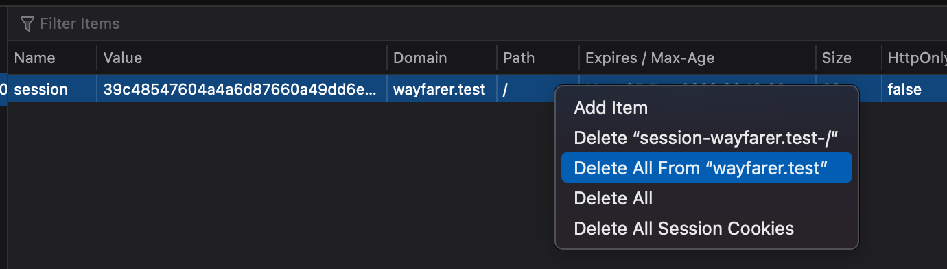 The browser's developer tools, showing the cookies for the current domain. The context menu is open, with the option highlighted for Delete All From "wayfarer.test".