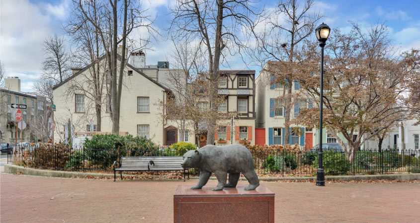 A bronze bear statue with residential buildings in the background in the Fitler Square neighborhood of Philadelphia, PA.