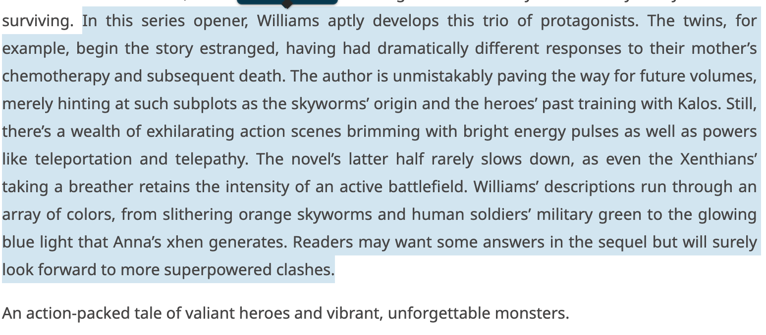An excerpt from the Kirkus Review of Chaos Calling. The closing lines read: "An action-packed tale of valiant heroes and vibrant, unforgettable monsters." 
