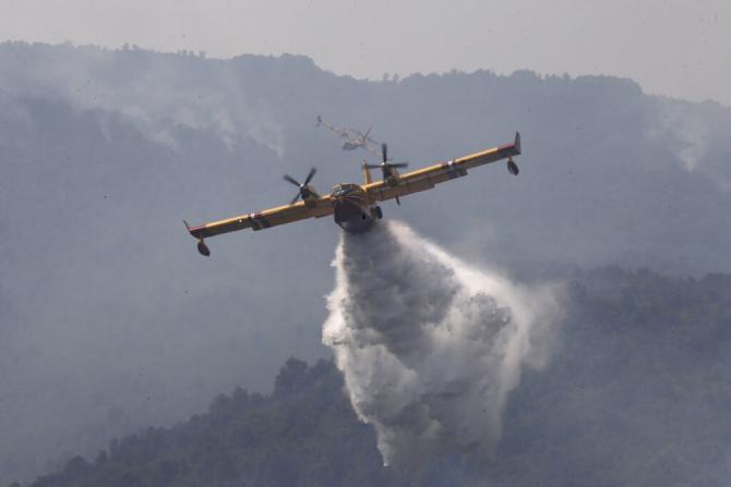 A French plane dumps water on a fire near the village of Toudja.  <br />  AP Photo/Toufik Doudou