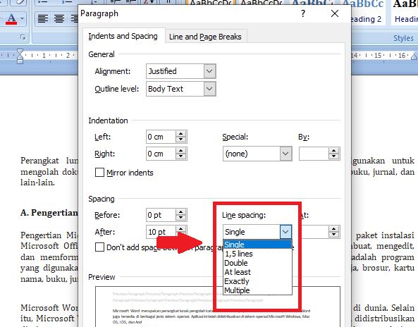 Cara Mengatur Spasi di Word Menggunakan Fitur Line Spacing Options: Pada pilihan dropdown “Line Spacing” silahkan pilih jenis pengaturan spasi yang dirasa paling pas