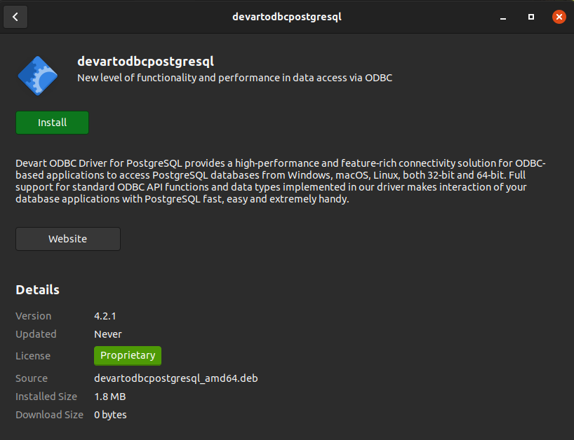 PostgreSQL ODBC driver package installer from Devart.