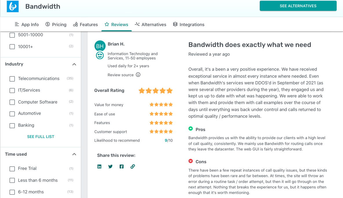 Best SMS API providers | Bandwidth customer reviews