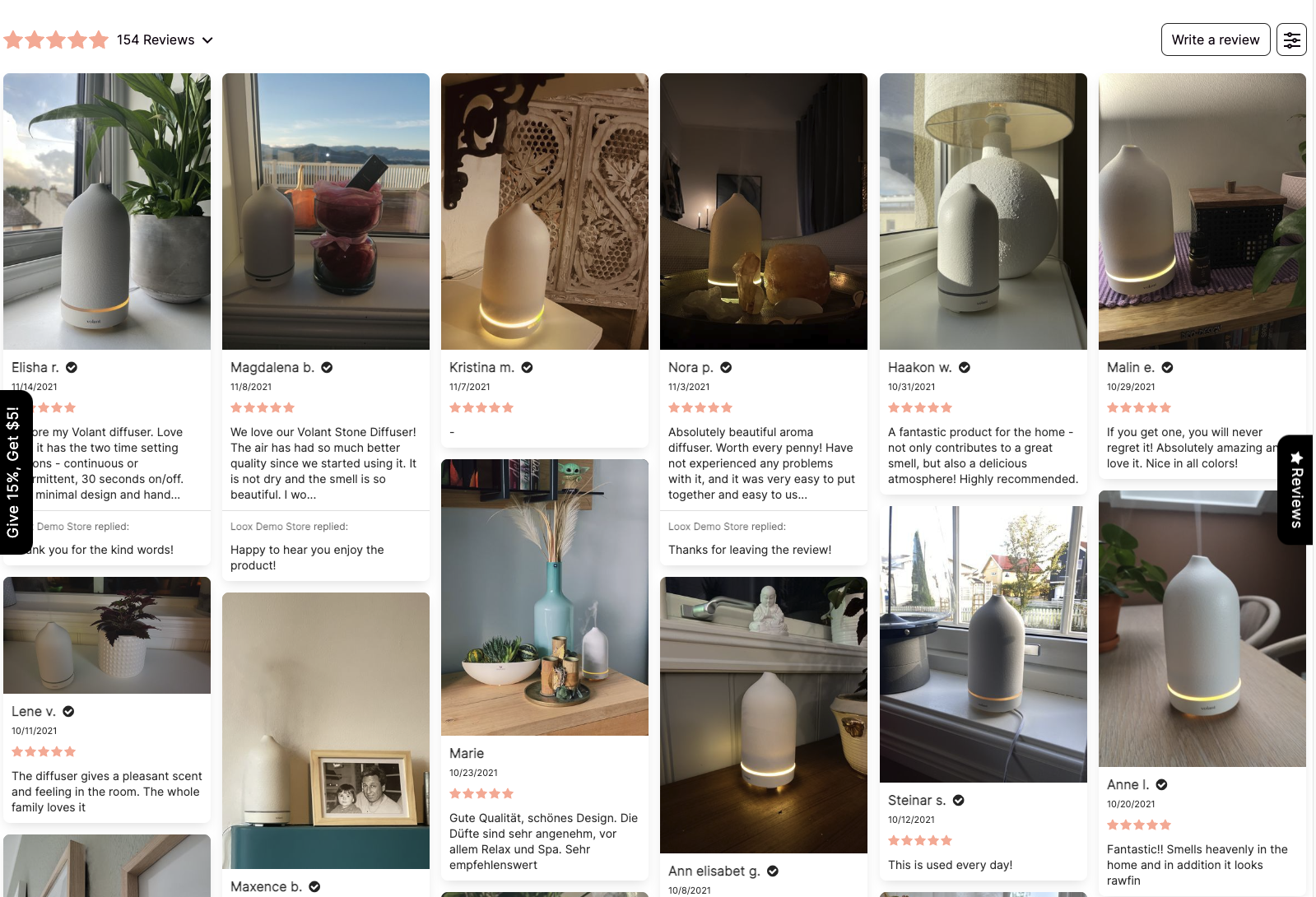 Loox demo site of their product reviews widget, with images as the main selling point