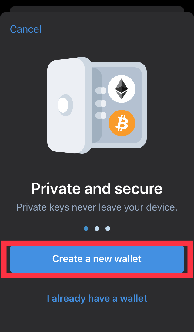 “Create a new wallet” button in Trust wallet