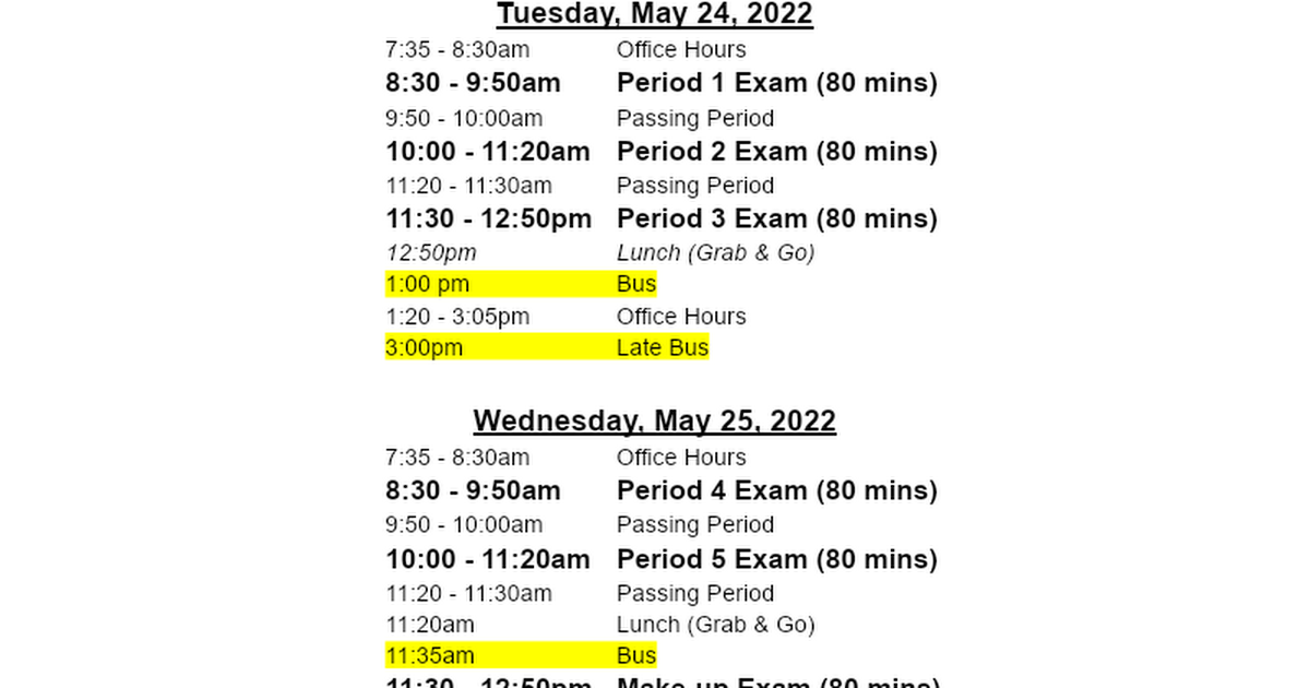 EPHS Final Exam Schedule 2021-22 - Sem. 2