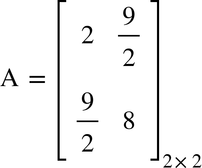 <math xmlns="http://www.w3.org/1998/Math/MathML"><mi mathvariant="normal">A</mi><mo>&#xA0;</mo><mo>=</mo><mo>&#xA0;</mo><msub><mfenced open="[" close="]"><mtable><mtr><mtd><mn>2</mn></mtd><mtd><mfrac><mn>9</mn><mn>2</mn></mfrac></mtd></mtr><mtr><mtd><mfrac><mn>9</mn><mn>2</mn></mfrac></mtd><mtd><mn>8</mn></mtd></mtr></mtable></mfenced><mrow><mn>2</mn><mo>&#xD7;</mo><mn>2</mn></mrow></msub></math>