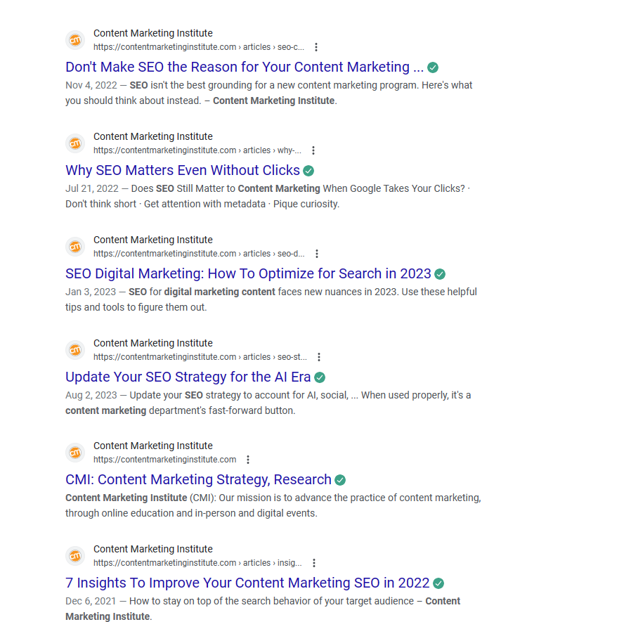 Screenshot of SERP for the Content Marketing Institute to illustrate the simple seo tip of editing meta descriptions.