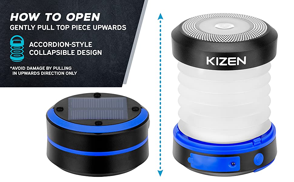 Amazon.com: KIZEN Collapsible LED Solar Lantern - Rechargeable, USB & Solar  Powered Camping Lights for Hiking, Backpacking and Emergency Use - Portable  Outdoor Camp Light - Blue : Sports & Outdoors