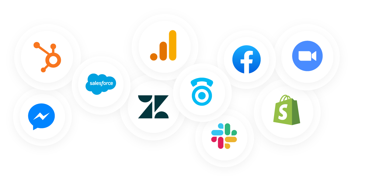 Graphic showing more of CallTrackingMetrics' integrations like HubSpot and Zendesk. 