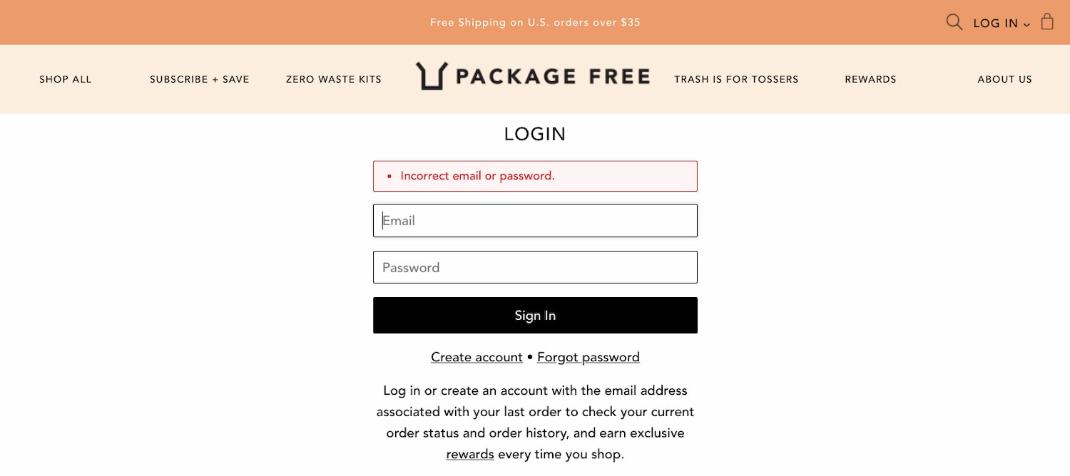 Thông báo lỗi trên trang đăng nhập của Package Free Shop thể hiện đặc điểm thiết kế giao diện người dùng cho phép người dùng giải quyết lỗi