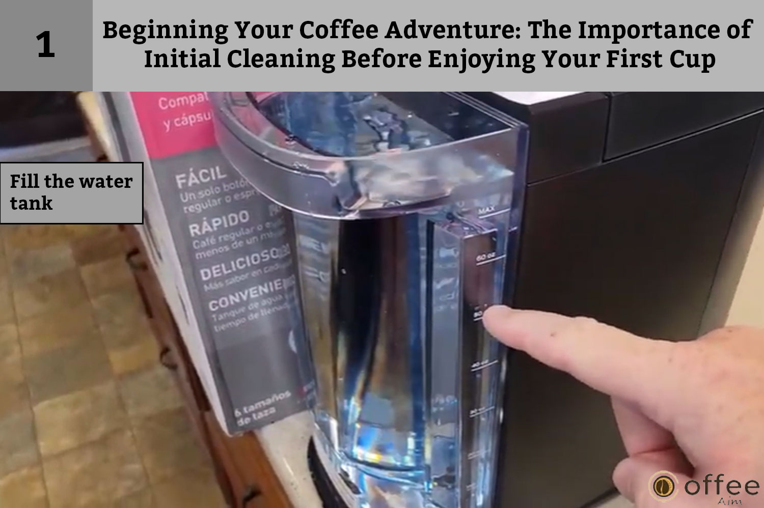 This image provides instructions on how to "Fill the water tank" as part of the guide titled "Beginning Your Coffee Adventure: How to Connect Nespresso Vertuo Creatista Machine."