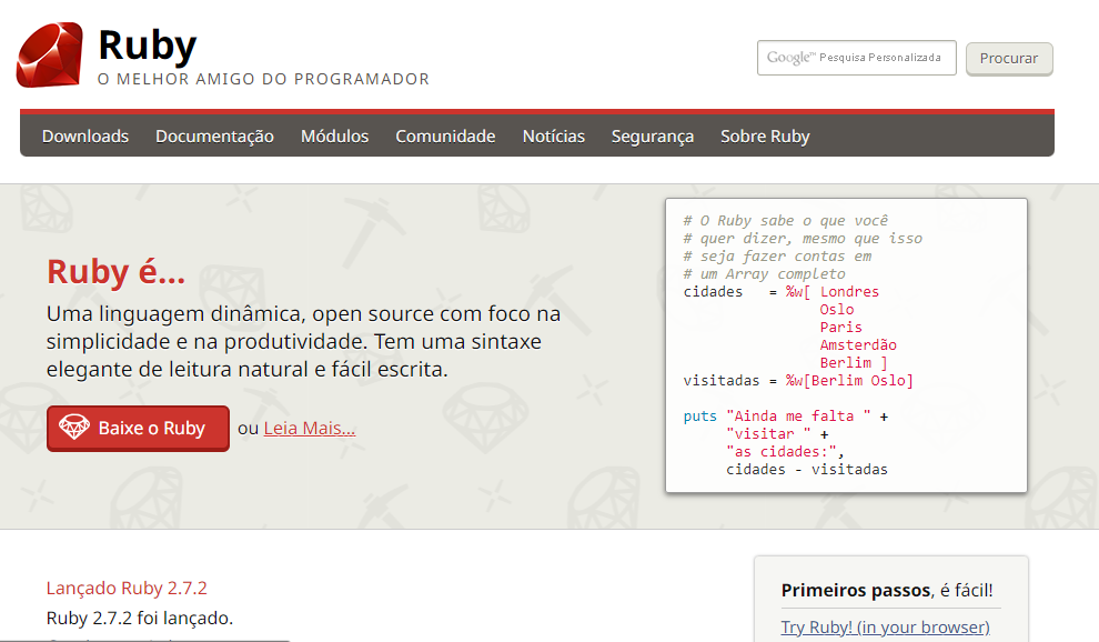 Página inicial do site da linguagem Ruby