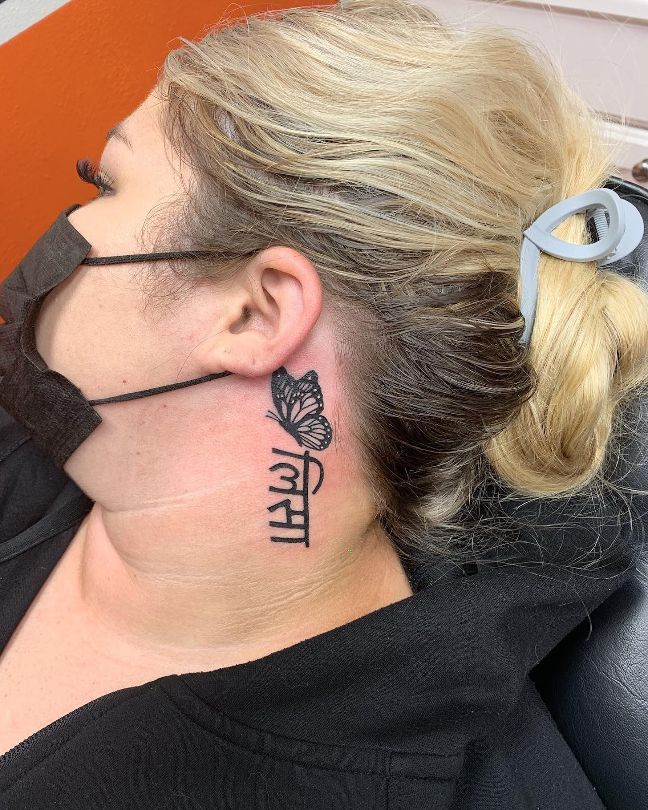 Sanskrit with Butterfly Behind The Ear Tattoo