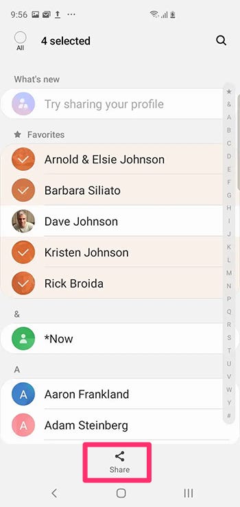 Screenshot of Android Contacts app with contacts selected and the Share button highlighted.