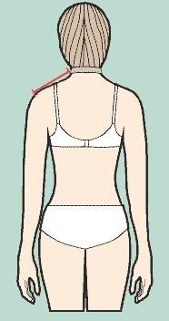 Measure from neck to shoulder tip.
Shoulder tip is found when you raise your arm to horizontal position and feel where there is hollow/pit between shoulder and arm bones.
Hold your arm horizontal, if necessary, to find this point.
