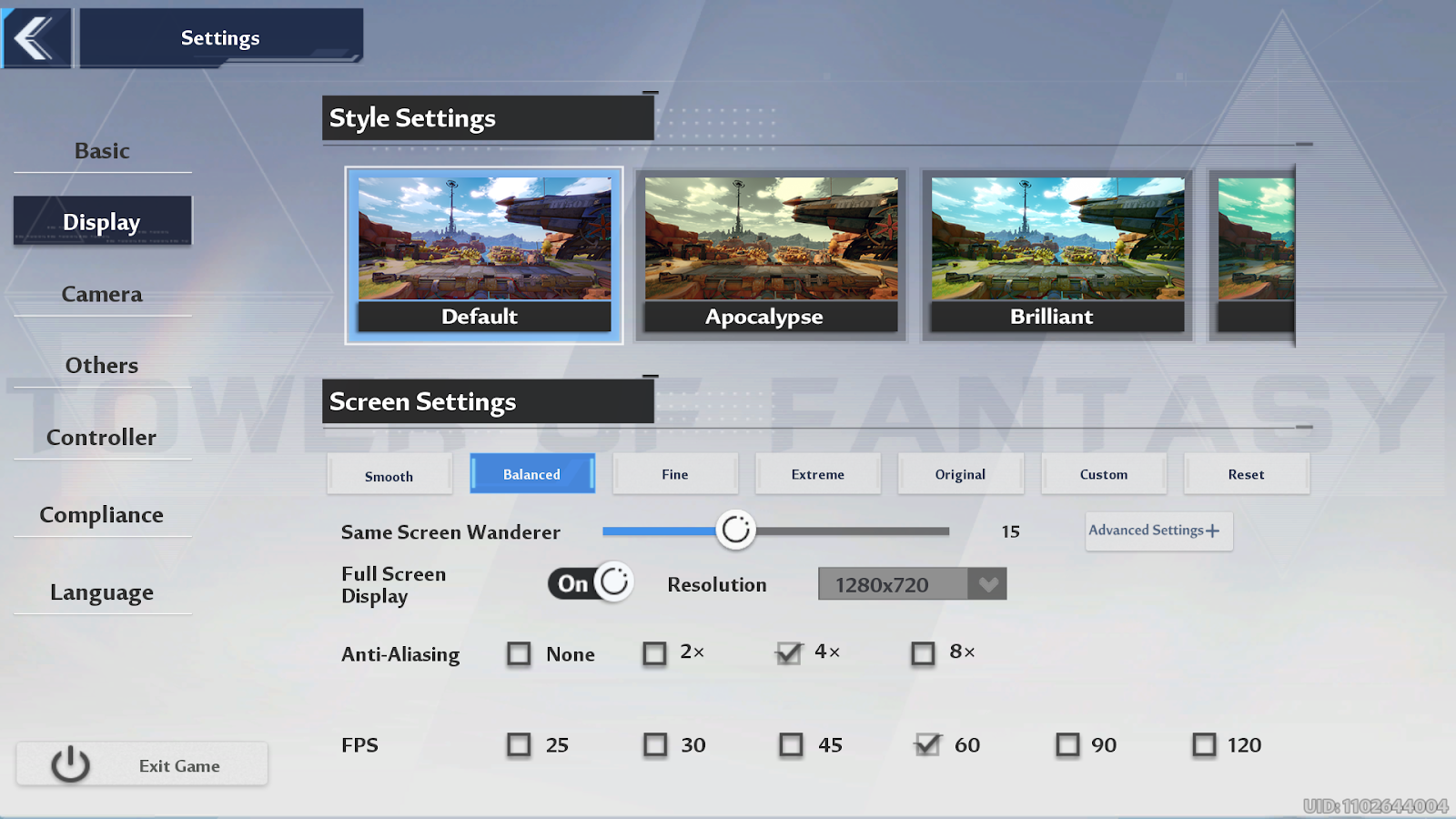 Style settings and screen settings in Tower of Fantasy
