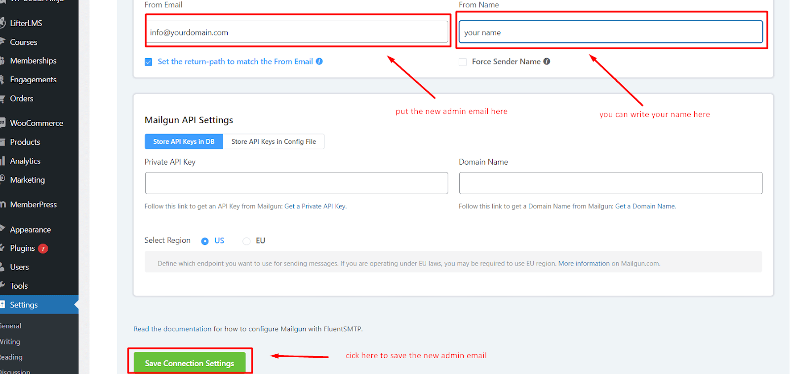 WordPress admin email placement box