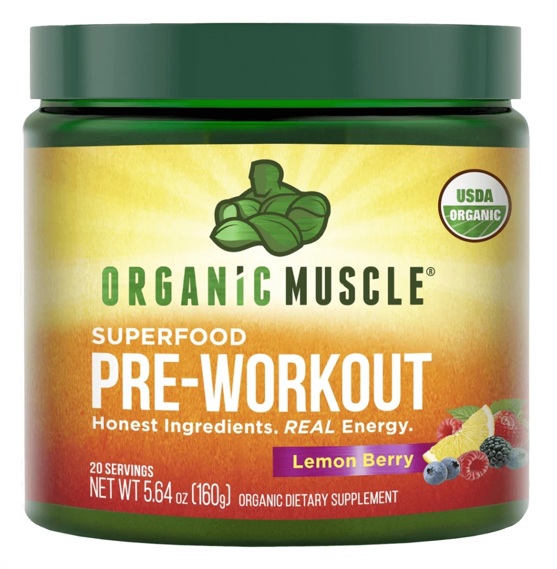 A container of superfood pre-workout by Organic Muscle 