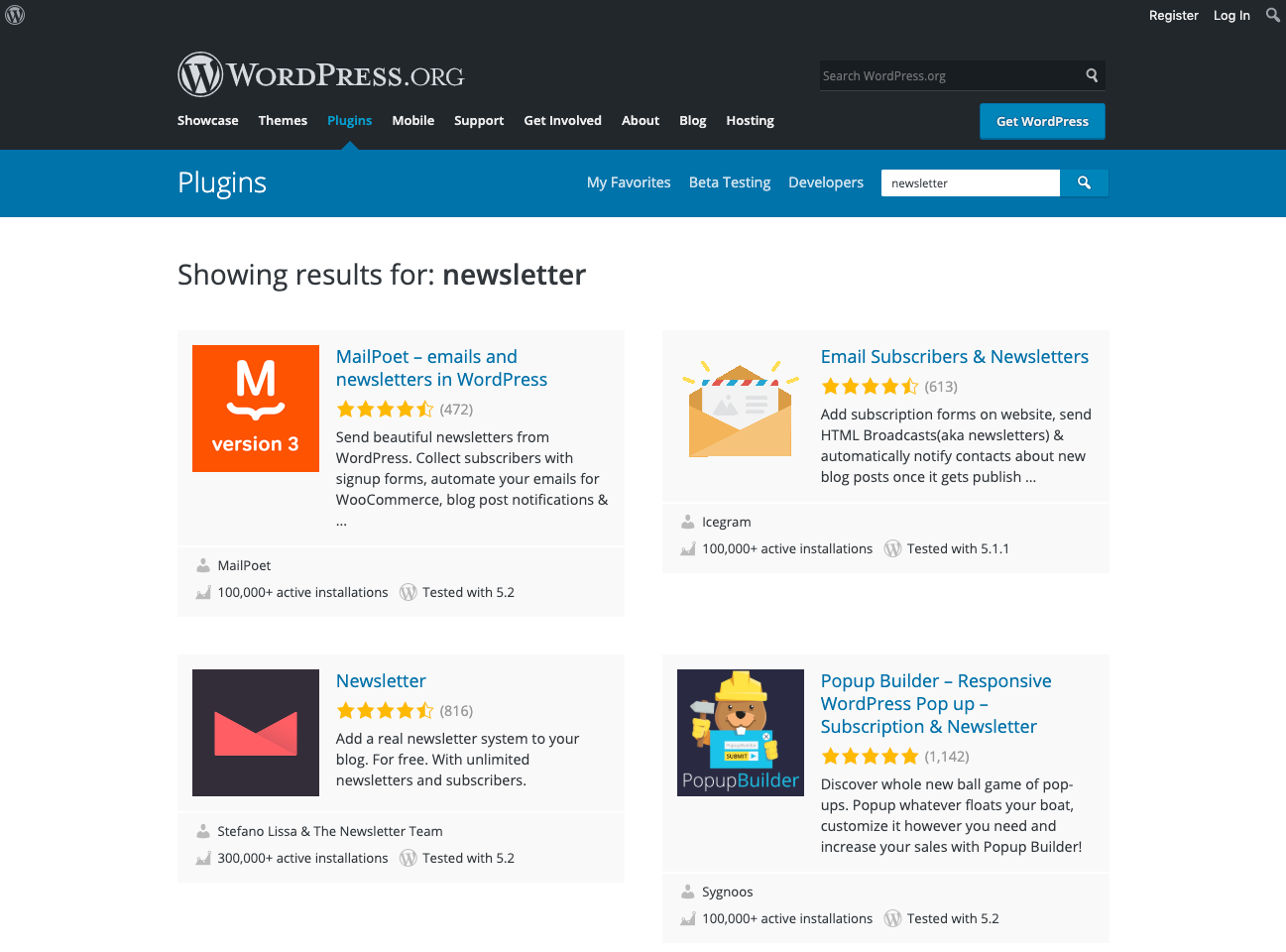WordPress newsletter plugins in the WordPress Repository