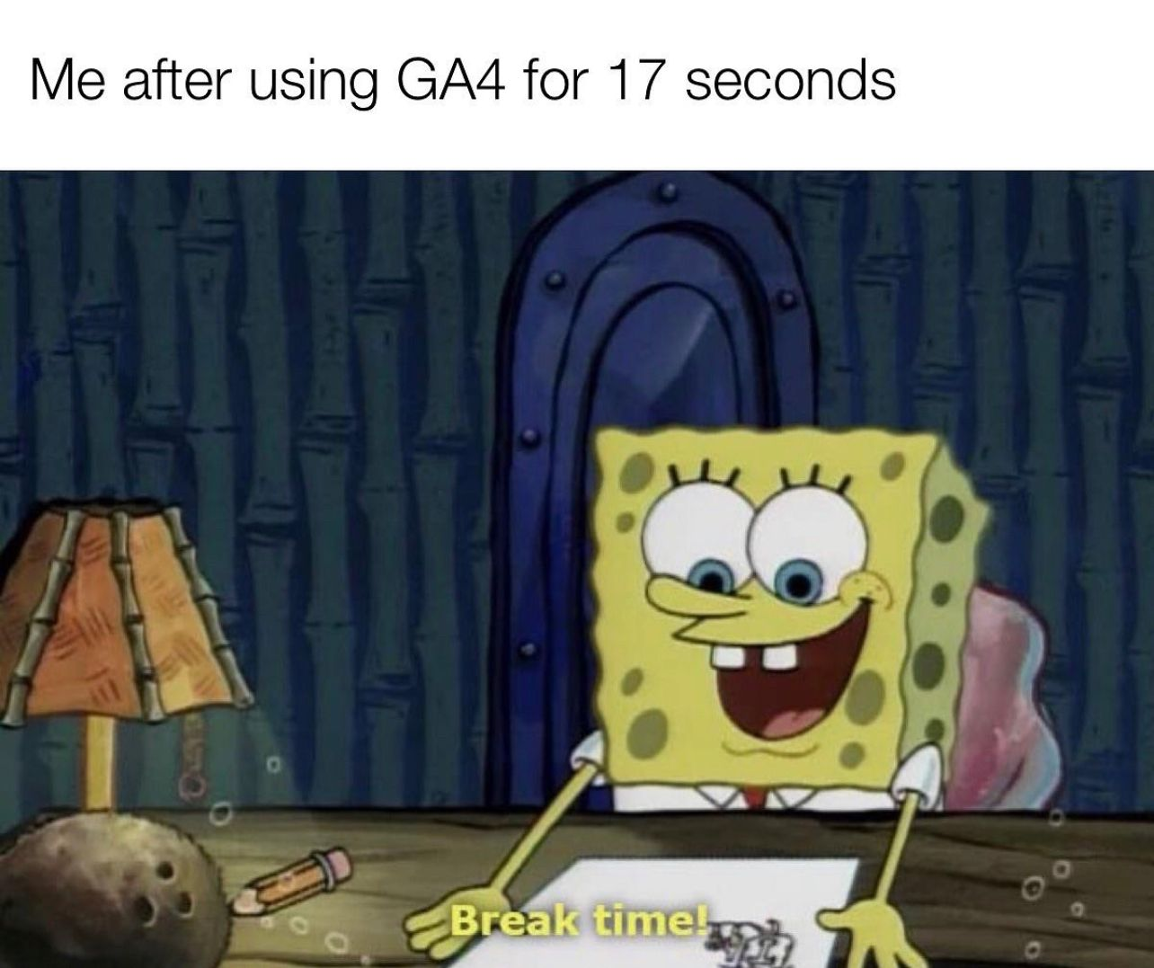A scene from animated kids show Spongebob Squarepants with overlay text saying, 'Me after using GA4 for 17 seconds.'
