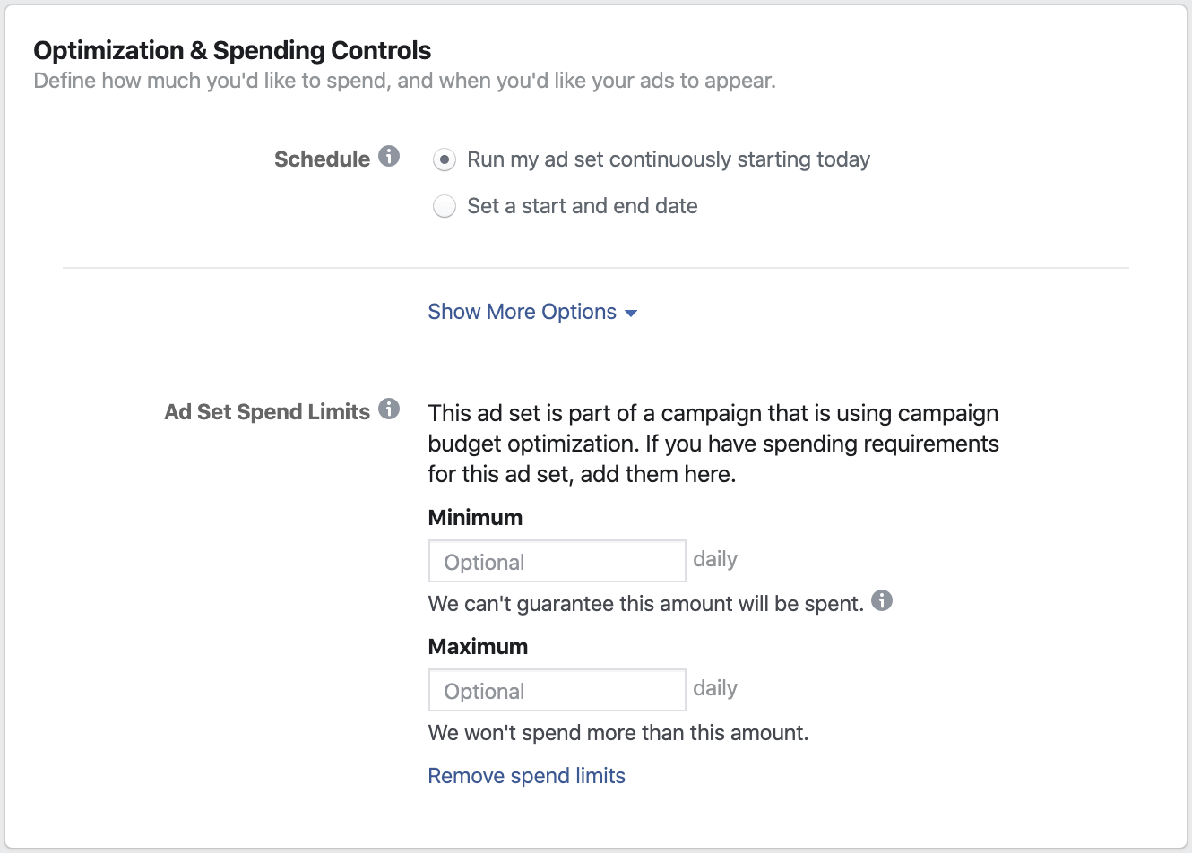 Screenshot of the 'Optimizations & Spending Controls' settings with minimum and maximum spend limits.