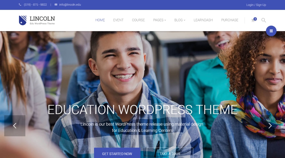 Tema WordPress de design de material educacional Lincoln
