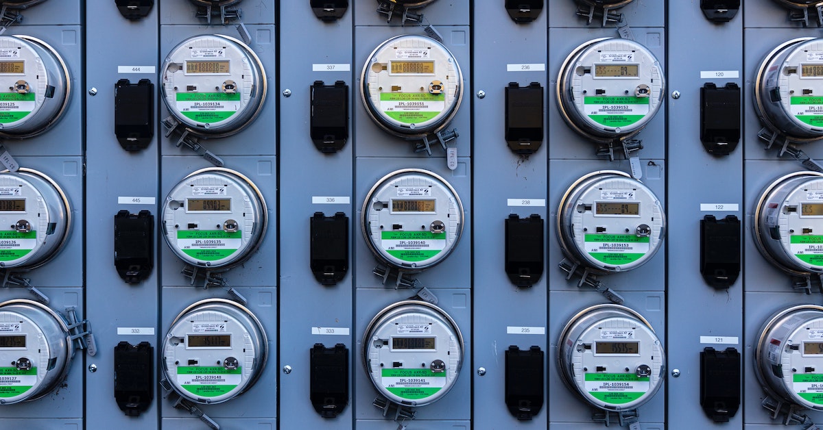 Electrical meters for a large building with multiple units.