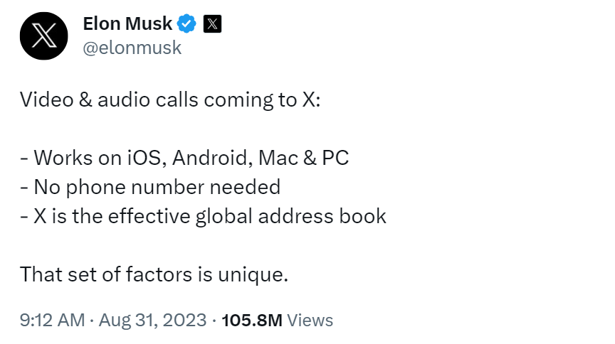 Screenshot of Elon Musk Tweet about audio and video calls
