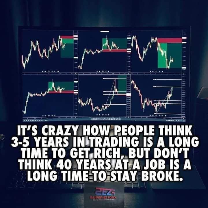 Image may contain: possible text that says 'Manth IT'S CRAZY HOW PEOPLE THINK 3-5 YEARS IN-TRADING IS A LONG TIME το GET RICH, BUT DON'T THINK 40 YEARS.A AT A JOB IS A LONG TIME TO STAY BROKE. ZEZT SUPER FOR'