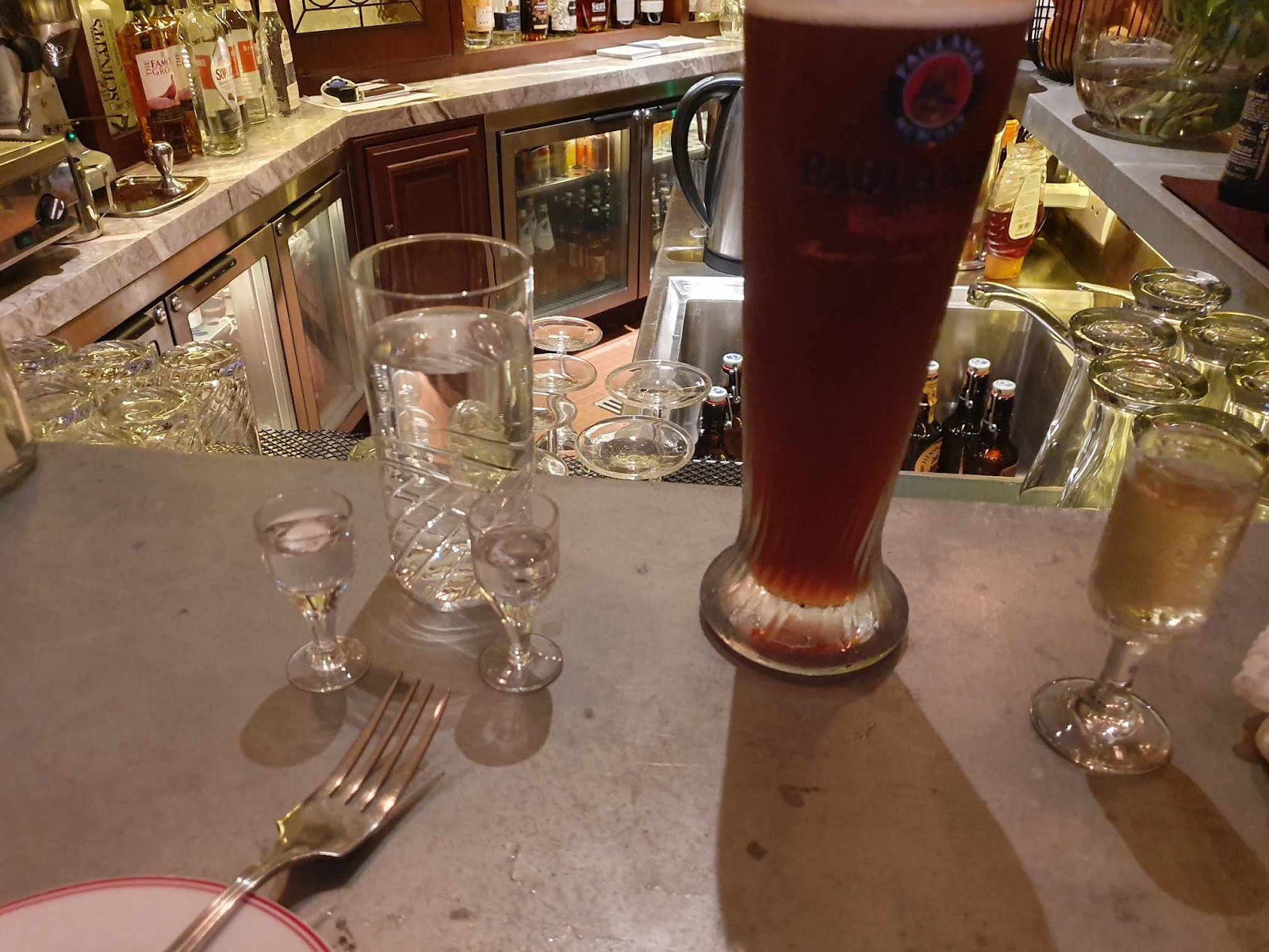 Paulaner Dunkel dark lager and asparagus schnaps at Schnitzel & Schnaps