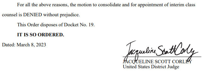 A portion of the order denying the consolidation motion is reproduced below. This information comes from Law360