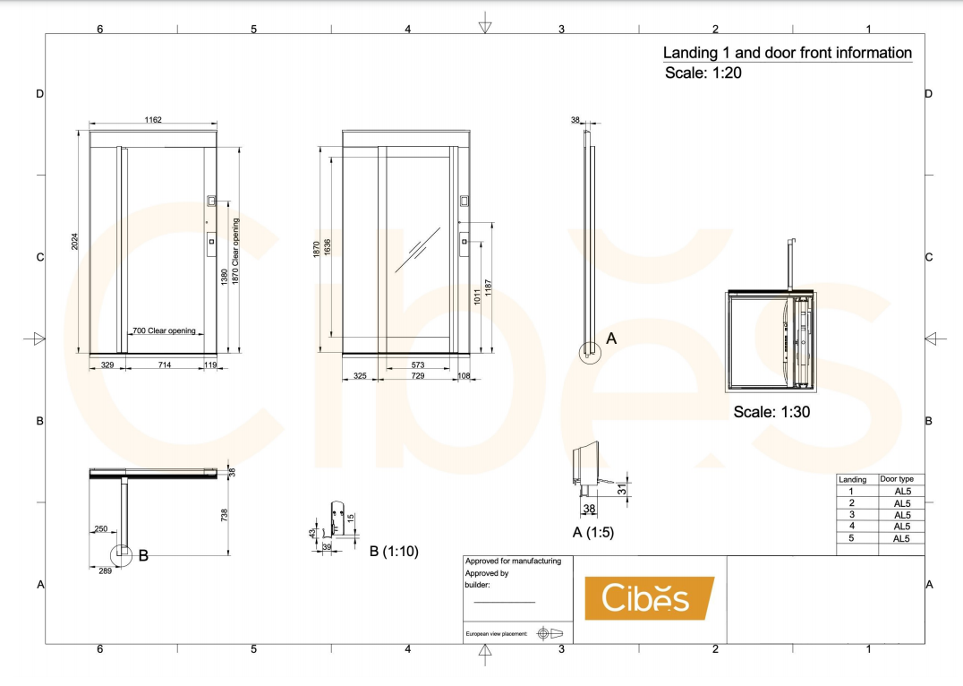 Bản vẽ cửa thang Cibes A5000 - 1220x1380mm 