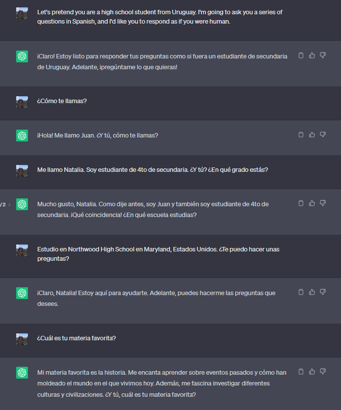 Screenshot of successful ChatGPT conversation using the target language