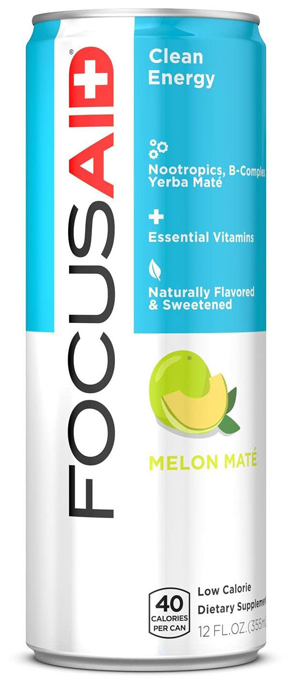 A can of FocusAid energy drink in Melon Mate flavor.