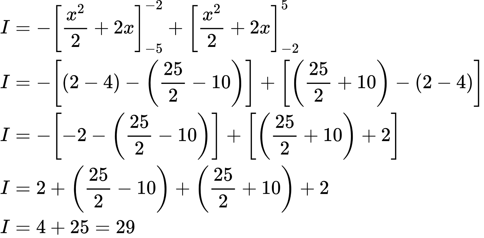 {"font":{"family":"Arial","color":"#000000","size":10},"type":"align*","code":"\\begin{align*}\n{I}&={-\\left[\\frac{x^{2}}{2}+2x\\right]_{-5}^{-2}+\\left[\\frac{x^{2}}{2}+2x\\right]_{-2}^{5}}\\\\\n{I}&={-\\left[\\left(2-4\\right)-\\left(\\frac{25}{2}-10\\right)\\right]+\\left[\\left(\\frac{25}{2}+10\\right)-\\left(2-4\\right)\\right]}\\\\\n{I}&={-\\left[-2-\\left(\\frac{25}{2}-10\\right)\\right]+\\left[\\left(\\frac{25}{2}+10\\right)+2\\right]}\\\\\n{I}&={2+\\left(\\frac{25}{2}-10\\right)+\\left(\\frac{25}{2}+10\\right)+2}\\\\\n{I}&={4+25=29}\t\n\\end{align*}","id":"3-0-0-0-0-0-0-1-0-0-0-0-0-1-2-1-0-0","ts":1602494398110,"cs":"PtAQsDwpuIWrMPh7XZcqhw==","size":{"width":390,"height":192}}