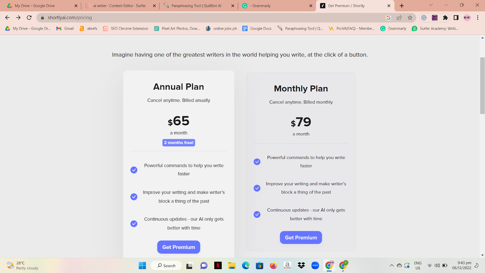 Shortly Ai Writer Tool Monthly Plan