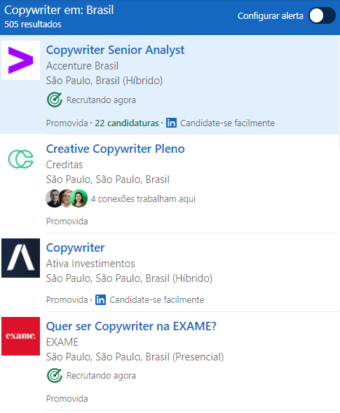 Há demanda por profissionais que escrevem textos que vendem? - Print dos resultados de busca por Copywriters profissionais no LinkedIn