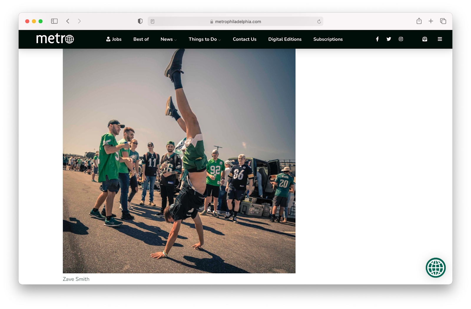 Another screenshot of the article that features Zave Smith's social documentary photo series - this one shows a fan doing a handstand while others cheer him on.