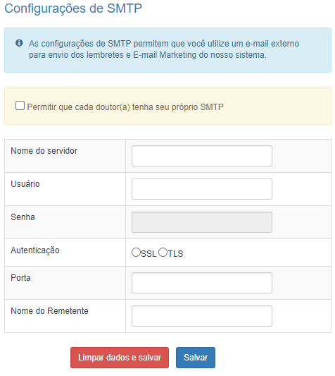 Seção 'Configurações de SMTP'.