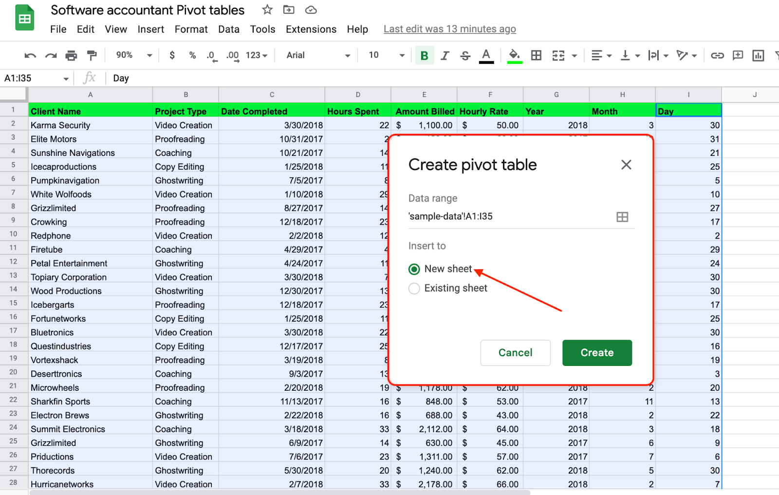 Creating a Pivot Table in Google sheets in a new sheet