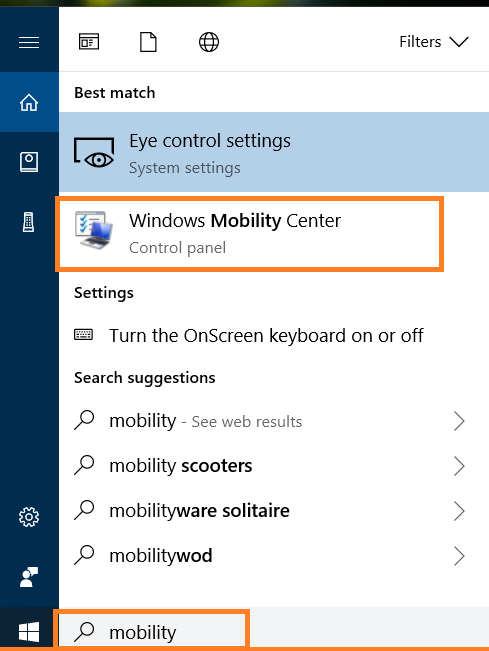 Open the Windows Mobility Center by using search