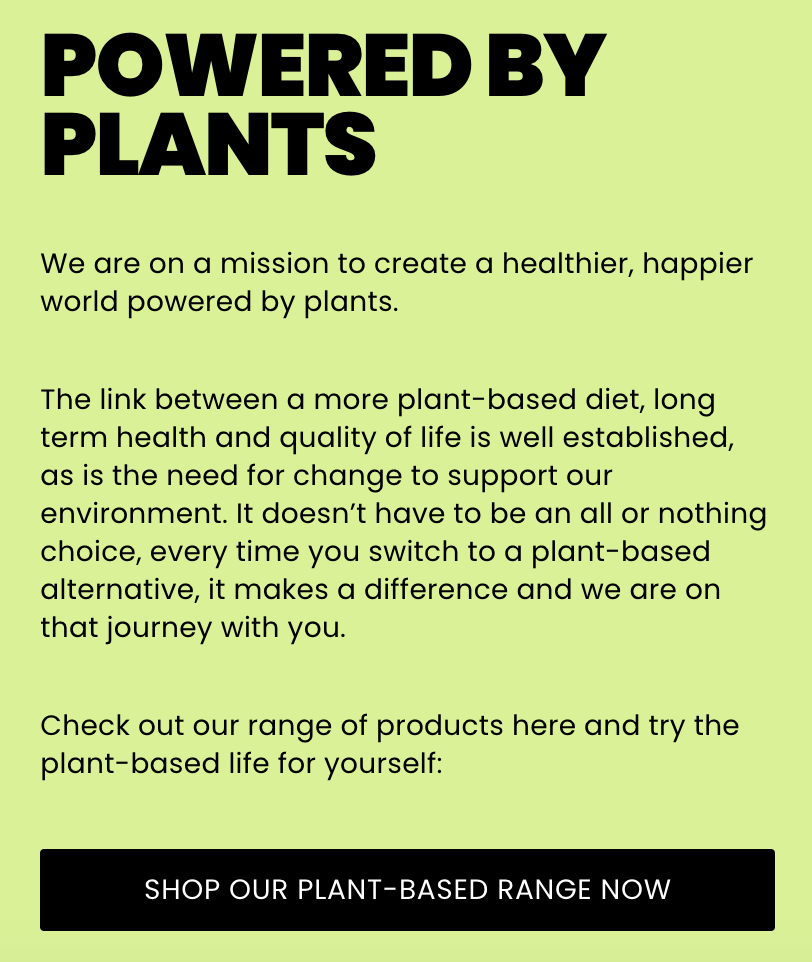 Black text over a green background detailing plant-based company Press' plant-based mission. There is a link to shop their plant-based range