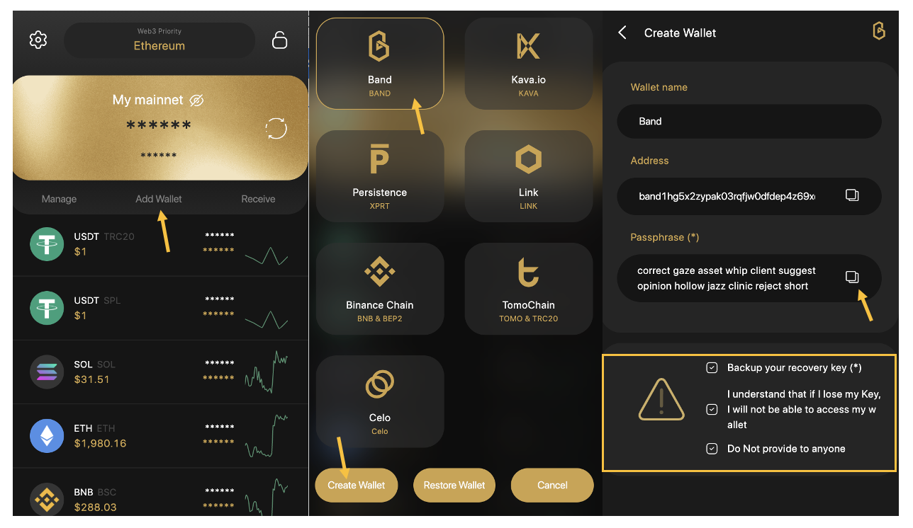 tạo ví bandchain coin98 extension