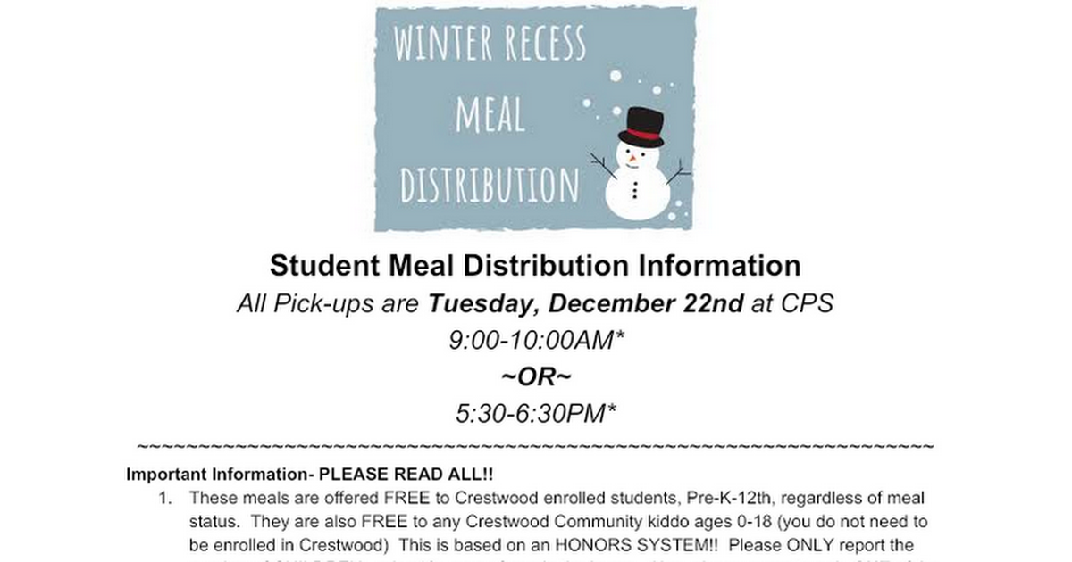 Student Meal Distribution Information 12/8/2020
