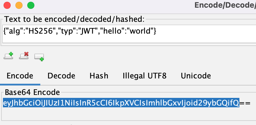 The JWT section previously pictured, with an additional claim added showing a key of "hello" and a value of "world". The whole section is available Base64 encoded below.