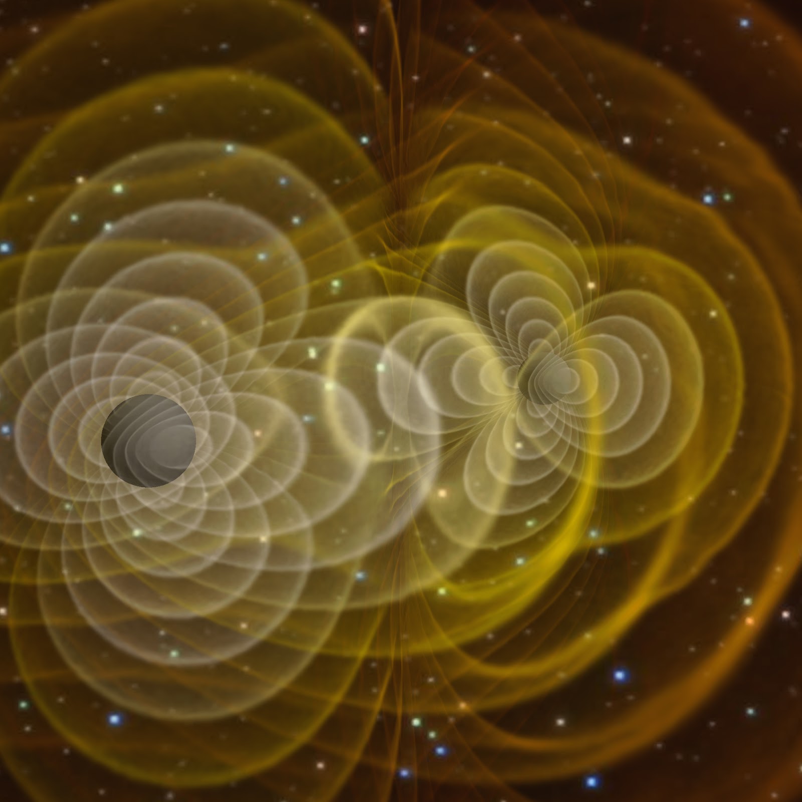 “3D visualization of gravitational waves produced by 2 orbiting black holes.”