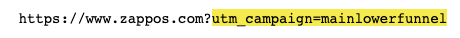 Example Zappos ad clickthrough URL, with UTM query string parameters for audience targeting showing the ad is intended for prospect in the lower conversion funnel stage